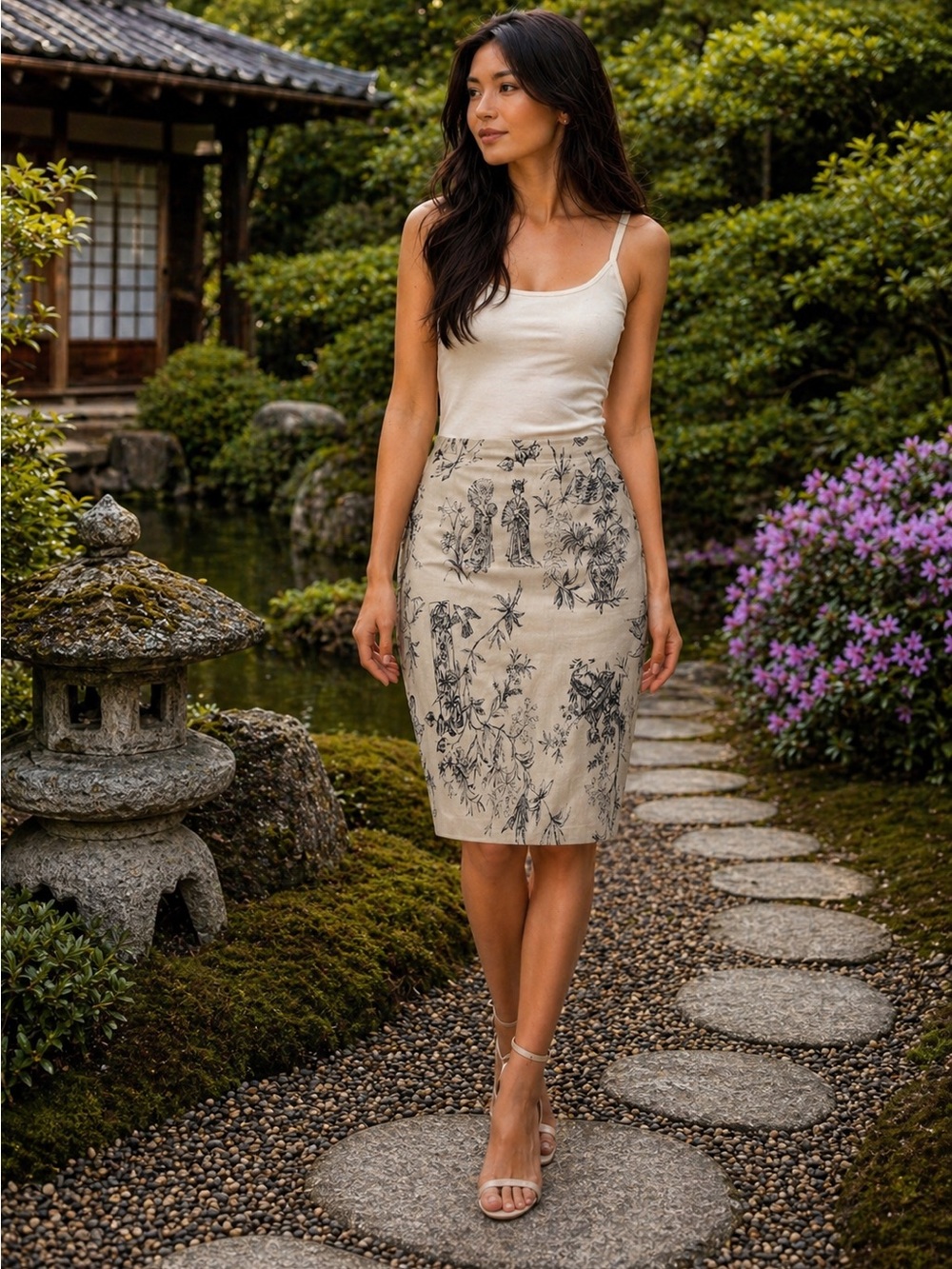 New York City Design Co. Japanese Toile Pencil Skirt Beige Black Size 12